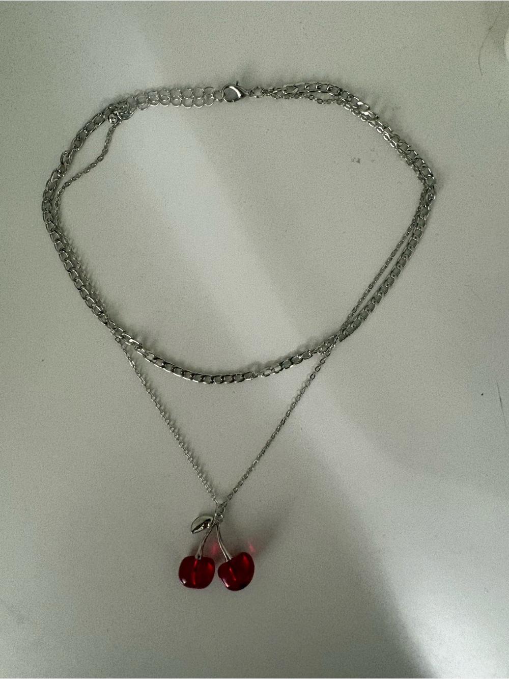 Silver Layered Necklace with Red Cherry Pendant